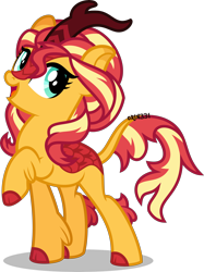 Size: 5000x6675 | Tagged: safe, artist:orin331, sunset shimmer, kirin, season 8, sounds of silence, absurd resolution, cloven hooves, colored hooves, cute, kirin-ified, open mouth, quadrupedal, raised hoof, simple background, solo, species swap, transparent background