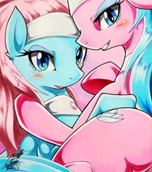 Size: 1810x2048 | Tagged: safe, artist:025aki, aloe, lotus blossom, earth pony, pony, bedroom eyes, blushing, butt, cute, ear fluff, female, hug, looking at you, mare, plot, profile, smiling, spa twins, spaww twins