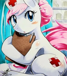 Size: 1800x2048 | Tagged: safe, artist:025aki, nurse redheart, earth pony, pony, blushing, clipboard, cute, ear fluff, female, heartabetes, looking at you, mare, solo