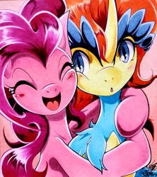 Size: 1820x2048 | Tagged: safe, artist:025aki, pinkie pie, pony, eyes closed, female, keldeo, mare, pokémon, smiling, traditional art