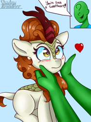 Size: 1280x1706 | Tagged: safe, artist:php97, autumn blaze, oc, oc:anon, human, kirin, sounds of silence, awwtumn blaze, blushing, cute, dialogue, female, hand, heart, male, misspelling