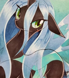 Size: 1799x2048 | Tagged: safe, artist:025aki, queen chrysalis, changeling, changeling queen, blushing, female, looking at you, solo, traditional art