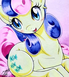 Size: 1838x2048 | Tagged: safe, artist:025aki, bon bon, sweetie drops, earth pony, pony, blushing, female, mare, smiling, solo, traditional art