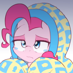 Size: 1796x1794 | Tagged: safe, artist:akainu_pony, pinkie pie, earth pony, pony, yakity-sax, blanket, clothes, cute, depressed, sad, sadorable, solo, teary eyes, wavy mouth