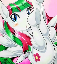 Size: 1803x2048 | Tagged: safe, artist:025aki, blossomforth, pegasus, pony, blushing, female, looking at you, mare, solo, traditional art