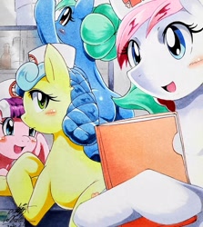 Size: 1826x2048 | Tagged: safe, artist:025aki, nurse coldheart, nurse redheart, nurse snowheart, nurse sweetheart, nurse tenderheart, pony, blushing, female, hat, hospital, mare, nurse hat, smiling, traditional art