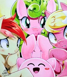 Size: 903x1024 | Tagged: safe, artist:025aki, daisy, flower wishes, lily, lily valley, roseluck, earth pony, pony, blushing, crossover, female, flower trio, kirby, kirby (character), mare, traditional art, worried