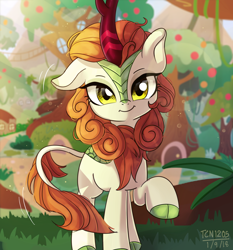 Size: 1400x1500 | Tagged: safe, artist:tcn1205, autumn blaze, kirin, sounds of silence, awwtumn blaze, cute, female, leonine tail, looking at you, raised hoof, smiling, solo, weapons-grade cute