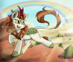 Size: 2106x1773 | Tagged: safe, artist:pencil bolt, autumn blaze, kirin, sounds of silence, fangs, light, looking back, open mouth, rainbow, running, smiling, solo