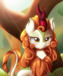 Size: 1200x1440 | Tagged: safe, artist:fromamida, autumn blaze, kirin, sounds of silence, beautiful, crepuscular rays, female, forest, lens flare, leonine tail, outdoors, pretty, sitting, solo, tree, unamused