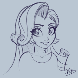 Size: 479x479 | Tagged: safe, artist:imdrunkontea, rarity, equestria girls, bust, clothes, female, looking at you, monochrome, shirt, sketch, smiling, solo