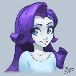 Size: 479x479 | Tagged: safe, artist:imdrunkontea, rarity, equestria girls, blue background, bust, clothes, female, gray background, looking at you, shirt, signature, simple background, smiling, solo