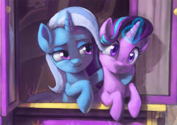 Size: 1024x723 | Tagged: safe, artist:raikoh, starlight glimmer, trixie, pony, unicorn, road to friendship, cute, duo, female, glimmerbetes, glowing horn, looking at each other, magic, mare, scene interpretation, smiling, trixie's wagon, wagon, wrong eye color