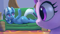 Size: 1024x576 | Tagged: safe, artist:raikoh, starlight glimmer, trixie, pony, unicorn, road to friendship, draw me like one of your french girls, duo, female, mare, open mouth, prone, scene interpretation, sofa, underhoof, wrong eye color