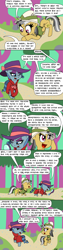 Size: 1000x4000 | Tagged: safe, artist:bjdazzle, a.k. yearling, daring do, pegasus, pony, unicorn, the end in friend, artist interpretation, azurantium, comic, fedora, female, friendship, hat, headcanon, implied rainbow dash, implied rarity, investigation, looking down, magnifying glass, mare, no spoilers, path, pith helmet, season 8 homework assignment, shadow spade, tree