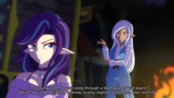 Size: 1280x720 | Tagged: safe, artist:jonfawkes, starlight glimmer, trixie, human, road to friendship, bags under eyes, clothes, duo, elf ears, female, fire, humanized, looking back, night, scene interpretation, text, unicorns as elves