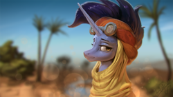 Size: 1440x810 | Tagged: safe, artist:assasinmonkey, hoo'far, pony, saddle arabian, unicorn, road to friendship, blurry background, bust, clothes, desert, looking at you, male, portrait, scenery, solo, stallion