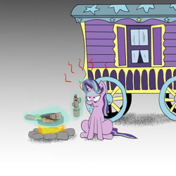 Size: 800x800 | Tagged: safe, artist:kushina13, starlight glimmer, pony, unicorn, road to friendship, angry, campfire, carrot, eating, female, food, haniwa, mare, sitting, solo, trixie's wagon