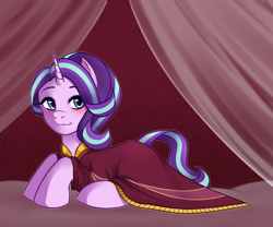 Size: 2500x2083 | Tagged: safe, artist:liny-an, starlight glimmer, pony, unicorn, road to friendship, clothes, curtains, cute, female, looking at you, lying, mare, prone, robe, smiling, solo