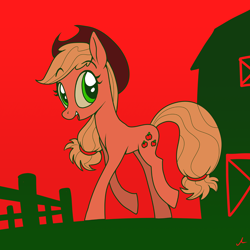 Size: 2250x2250 | Tagged: safe, artist:docwario, applejack, earth pony, pony, barn, female, looking at you, open mouth, outdoors, smiling, solo, standing