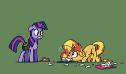 Size: 2920x1729 | Tagged: safe, artist:docwario, sunset shimmer, twilight sparkle, pony, unicorn, angry, bag, behaving like a dog, book, duo, green background, saddle bag, silly, silly pony, simple background