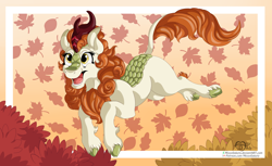 Size: 3284x2008 | Tagged: safe, artist:missydakota, autumn blaze, kirin, sounds of silence, female, high res, leaf, open mouth, solo