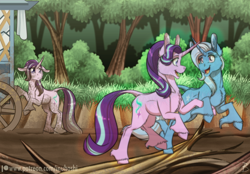 Size: 1024x711 | Tagged: safe, artist:inuhoshi-to-darkpen, starlight glimmer, trixie, classical unicorn, pony, unicorn, road to friendship, clone, dirty, duo, female, hoo'far's wagon, leonine tail, mare, patreon, patreon logo, sad, transparent, unshorn fetlocks, wagon