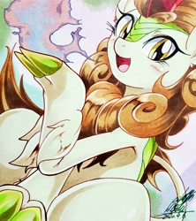 Size: 1822x2048 | Tagged: safe, artist:025aki, autumn blaze, kirin, blushing, cute, female, fire, looking at you, smiling, solo, traditional art