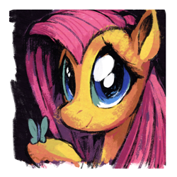 Size: 1500x1500 | Tagged: safe, artist:docwario, fluttershy, butterfly, pegasus, pony, bust, female, looking at you, mare, portrait, raised hoof, smiling, solo, three quarter view