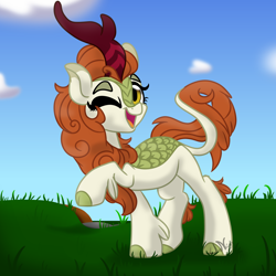 Size: 2000x2000 | Tagged: safe, artist:jen-neigh, autumn blaze, kirin, sounds of silence, awwtumn blaze, cute, female, grass, happy, one eye closed, open mouth, solo, wink