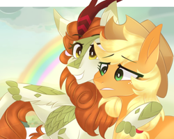 Size: 1000x800 | Tagged: safe, artist:waterz-colrxz, applejack, autumn blaze, earth pony, kirin, pony, sounds of silence, a kirin tale, cowboy hat, duo, freckles, hat, rainbow, scene interpretation, stetson