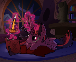 Size: 2773x2264 | Tagged: safe, artist:docwario, twilight sparkle, twilight sparkle (alicorn), alicorn, pony, book, candle, digital art, female, glowing horn, golden oaks library, high res, horn, levitation, lidded eyes, magic, mare, night, prone, reading, smiling, solo, telekinesis, window