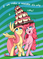 Size: 2400x3300 | Tagged: safe, artist:docwario, fluttershy, pinkie pie, earth pony, pegasus, pony, abstract background, balancing, cake, cute, duo, food, head carry, high res