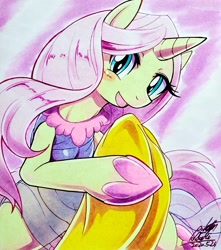 Size: 1813x2048 | Tagged: safe, artist:025aki, lily lace, pony, unicorn, blushing, clothes, female, looking at you, mare, open mouth, open smile, smiling, smiling at you, solo, traditional art