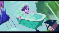 Size: 3840x2160 | Tagged: safe, artist:hierozaki, starlight glimmer, pony, unicorn, father knows beast, bath, bathtub, bathtub gag, female, hat, mare, scene interpretation, shower cap, suds