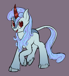 Size: 614x674 | Tagged: safe, artist:ampderg, oc, oc only, oc:snowy hearth, kirin, sounds of silence, cloven hooves, cute, kirin oc, purple background, raised hoof, simple background, smiling, solo