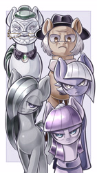 Size: 1800x3200 | Tagged: safe, artist:kaikoinu, cloudy quartz, igneous rock pie, limestone pie, marble pie, maud pie, hearthbreakers, clothes, faic, hair over one eye, hat, looking at you, pie family, pie sisters, pixiv, quartzrock, siblings, sisters, unamused, wrinkles