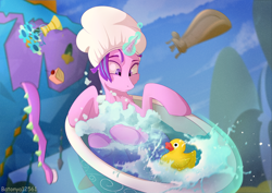 Size: 2000x1414 | Tagged: safe, artist:batonya12561, starlight glimmer, pony, unicorn, father knows beast, bath, bathtub, bathtub gag, claw foot bathtub, female, glowing horn, implied spike, magic, mare, rubber duck, scene interpretation, telekinesis, toothbrush