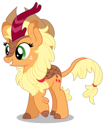 Size: 5000x6161 | Tagged: safe, artist:dragonchaser123, applejack, earth pony, kirin, pony, sounds of silence, absurd resolution, applekirin, cloven hooves, cowboy hat, cute, cutie mark, female, freckles, grin, hair tie, hat, jackabetes, kirin-ified, leonine tail, mare, raised hoof, simple background, smiling, solo, species swap, standing, stetson, transparent background