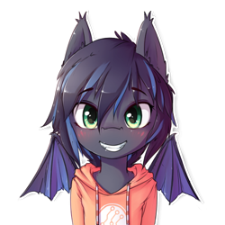 Size: 512x512 | Tagged: safe, artist:hoodie, oc, oc only, oc:midnight aegis, bat, bat pony, pony, bat wings, blushing, bust, clothes, cute, ear fluff, hoodie, looking at you, simple background, smiling, solo, spread wings, transparent background