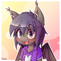 Size: 650x650 | Tagged: safe, artist:hoodie, oc, oc only, oc:night skies, bat pony, pony, semi-anthro, bat wings, blushing, bust, clothes, cute, cute little fangs, ear fluff, fangs, female, heart, hoodie, mare, portrait, smiling, solo, wings