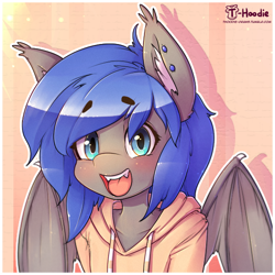 Size: 550x550 | Tagged: safe, artist:hoodie, oc, oc only, oc:moonslurps, anthro, bat pony, semi-anthro, blushing, bust, clothes, hoodie, portrait, solo, wings