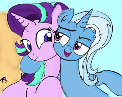 Size: 3900x3125 | Tagged: safe, artist:brekrofmadness, starlight glimmer, trixie, pony, unicorn, road to friendship, duo, female, hug, mare, scene interpretation, smiling