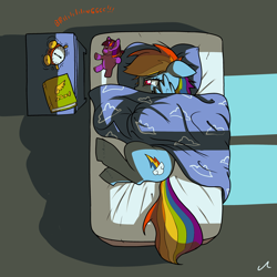 Size: 3000x3000 | Tagged: safe, artist:docwario, artist:friendshipishorses, color edit, edit, rainbow dash, twilight sparkle, pegasus, pony, alarm clock, bed, bedsheets, bedside stand, blanket, book, clock, colored, cutie mark, dashtober, female, floppy ears, implied lesbian, implied shipping, implied twidash, mare, morning, morning ponies, pillow, plushie, sad, solo, waking up