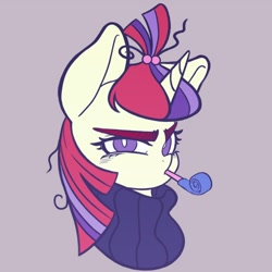 Size: 500x500 | Tagged: safe, artist:kaikoinu, moondancer, bust, cute, frown, glare, gray background, grumpy, looking at you, messy mane, mouth hold, party horn, simple background, solo