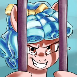 Size: 903x907 | Tagged: safe, alternate version, artist:jimmyjamno1, cozy glow, pegasus, pony, school raze, cage, evil grin, female, filly, foal, grin, just as planned, pure concentrated unfiltered evil of the utmost potency, pure unfiltered evil, scene interpretation, slasher smile, smiling, solo, tartarus, wanna be friends?