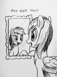 Size: 640x853 | Tagged: safe, artist:docwario, rainbow dash, pegasus, pony, dashtober, female, mirror, monochrome, motivation, solo, traditional art, you've got this