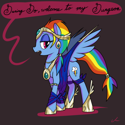 Size: 2500x2500 | Tagged: safe, artist:docwario, rainbow dash, pegasus, pony, clothes, cosplay, costume, cutie mark, dashtober, eyeshadow, female, hoof shoes, lidded eyes, looking at you, makeup, mare, solo, speech bubble