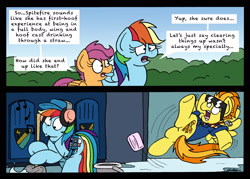 Size: 2267x1622 | Tagged: safe, artist:bobthedalek, rainbow dash, scootaloo, spitfire, pegasus, pony, the washouts (episode), bucket, cap, clothes, comic, dropping the soap, female, filly, foal, full body wing and hoof cast drinking through a straw, hat, headphones, locker room, mare, misspelling, mop, slipping, soap, sunglasses, this ended in pain, uniform, walkman, whistle, whistling, wonderbolts dress uniform