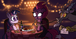 Size: 3777x1961 | Tagged: safe, artist:docwario, artist:katputze, discord, tempest shadow, twilight sparkle, twilight sparkle (alicorn), alicorn, draconequus, pony, unicorn, alcohol, angry, bisexual, broken horn, clothes, cockblock, date, date night, discolight, discord being discord, eating, faic, female, food, glass, heart, horn, imminent murder, lady and the tramp, lesbian, lesbian in front of boys, male, mare, meme, pasta, shipping, spaghetti, spaghetti scene, straight, tempest shadow is not amused, tempestlight, waifu thief, wine, wine bottle, wine glass